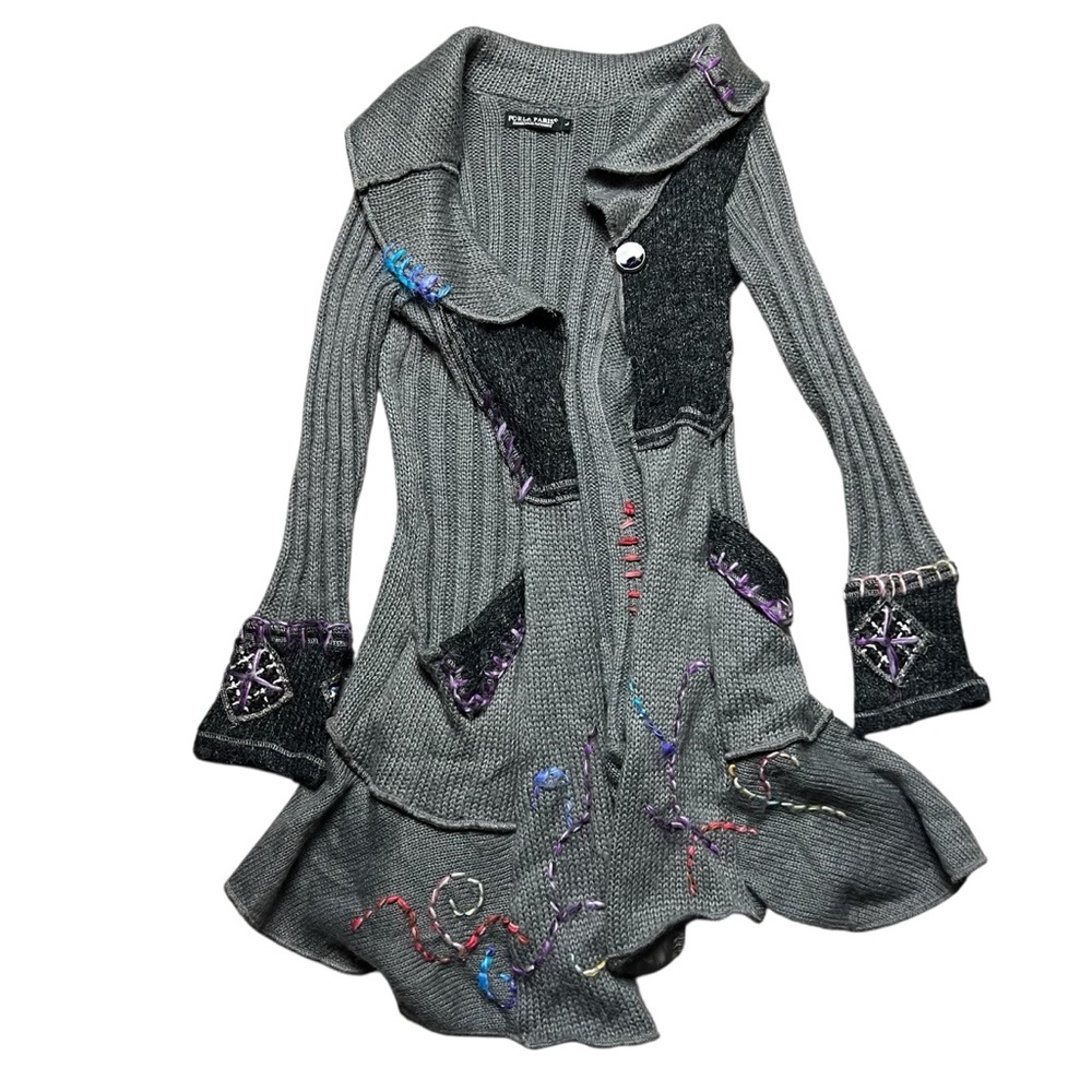 Forla Paris Long Cardigan Embroidered Women’s Large Long Sleeves Fairycore Wool
